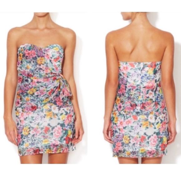 Yumi Kim Dresses & Skirts - Yumi Kim Silk Dress Strapless Katie Floral Sheath Rouched Mini Dress Sz S